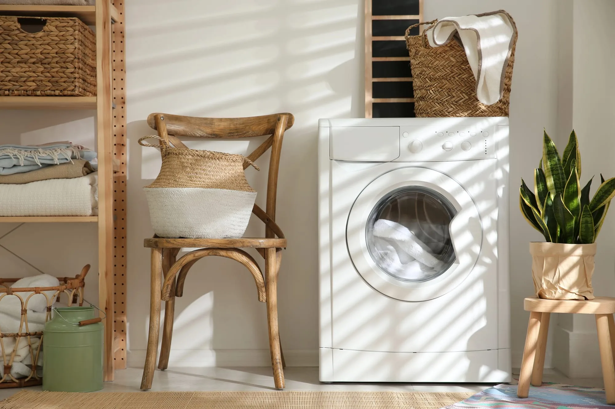 Woven storage baskets beside a front-loading washing machine in a sunlit laundry