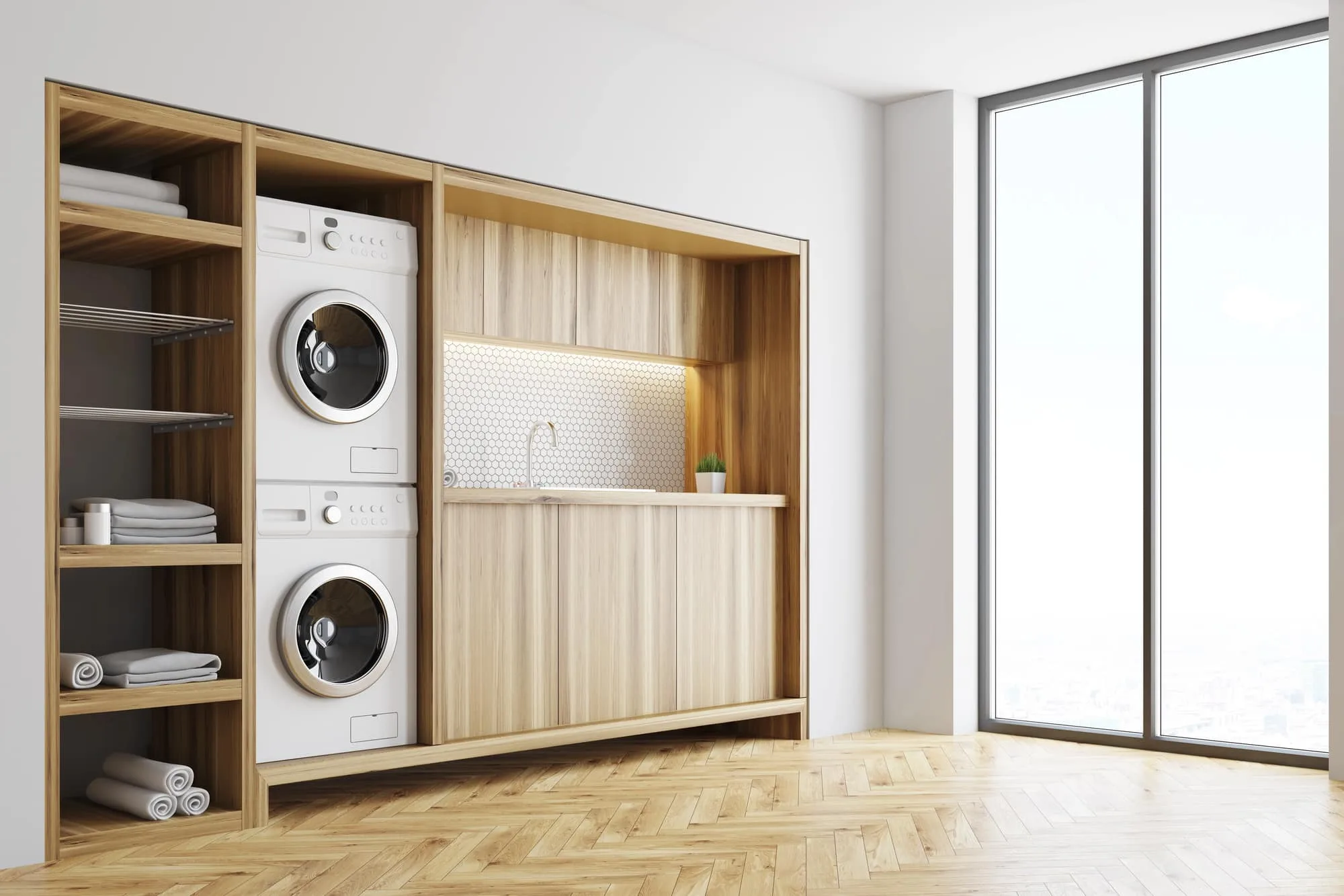 Stacked washer and dryer built into timber cabinetry beside a small sink